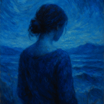 Oil painting of a woman immersed in swirling shades of blue, representing emotional depth and symbolic meanings of the color in art history.