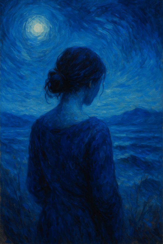 Oil painting of a woman immersed in swirling shades of blue, representing emotional depth and symbolic meanings of the color in art history.