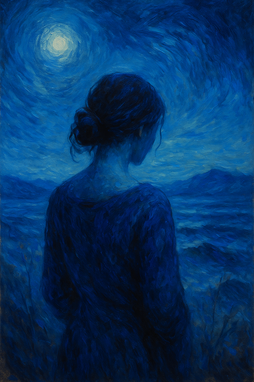 Oil painting of a woman immersed in swirling shades of blue, representing emotional depth and symbolic meanings of the color in art history.