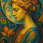 Oil painting of a woman's profile symbolizing beauty and aesthetic philosophy with vibrant symbolic patterns