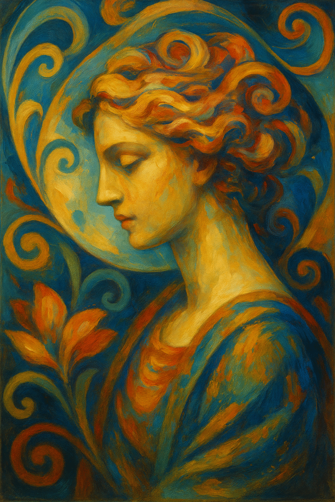 Oil painting of a woman's profile symbolizing beauty and aesthetic philosophy with vibrant symbolic patterns