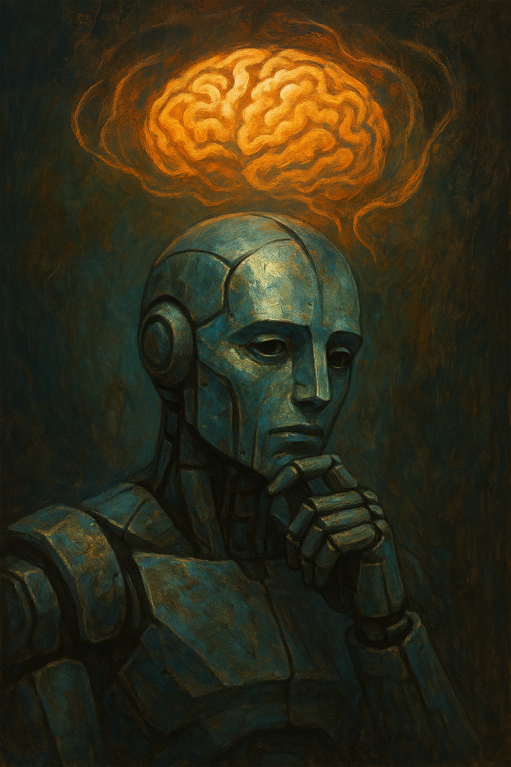 "Digital painting of a semi-realistic human face blending with artificial intelligence circuits, symbolizing machine consciousness"