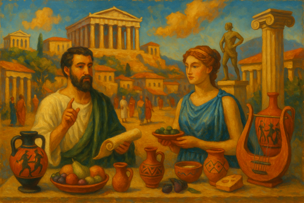 A traditional oil painting on canvas depicting scenes from ancient Greek civilization, including classical architecture, philosophers, and daily life.