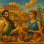A traditional oil painting on canvas depicting scenes from ancient Greek civilization, including classical architecture, philosophers, and daily life.