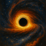 A swirling impressionistic painting of a black hole surrounded by a glowing accretion disk, with rich orange, yellow, and blue tones against a starry space backdrop.