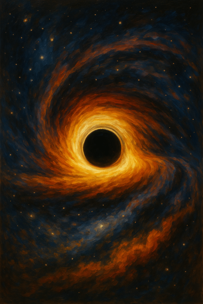 A swirling impressionistic painting of a black hole surrounded by a glowing accretion disk, with rich orange, yellow, and blue tones against a starry space backdrop.
