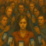 “An expressive oil painting showing a crowd reacting to an isolated figure, symbolizing cancel culture and public scrutiny in a social commentary art style.”