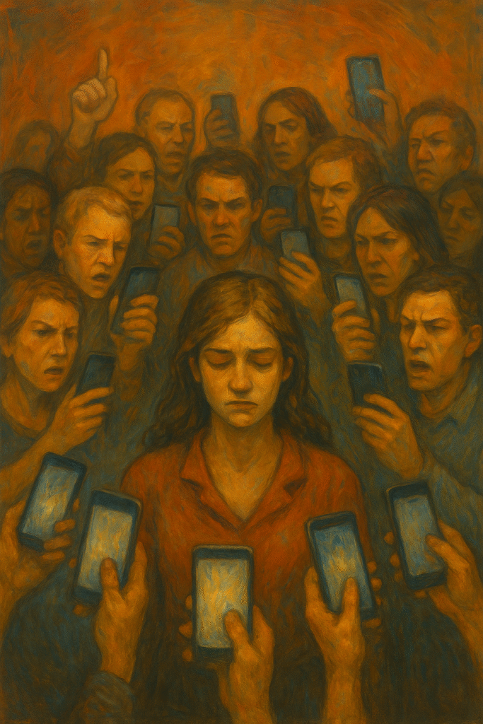 “An expressive oil painting showing a crowd reacting to an isolated figure, symbolizing cancel culture and public scrutiny in a social commentary art style.”