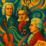 Colorful digital illustration blending classical composers like Bach, Mozart, and Beethoven with modern music elements, symbolizing the connection between classical and contemporary genres.