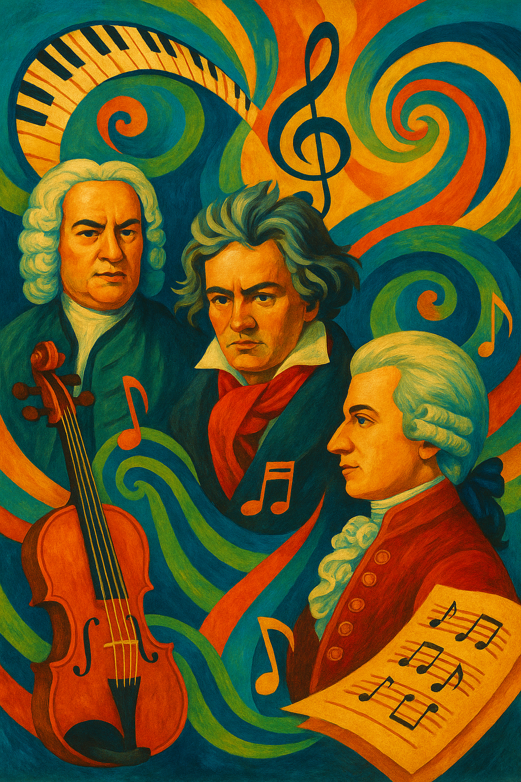 Colorful digital illustration blending classical composers like Bach, Mozart, and Beethoven with modern music elements, symbolizing the connection between classical and contemporary genres.