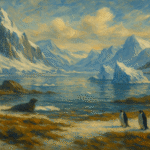 Oil painting of a cold desert landscape with snow, sparse shrubs, and distant icy mountains under a pale sky