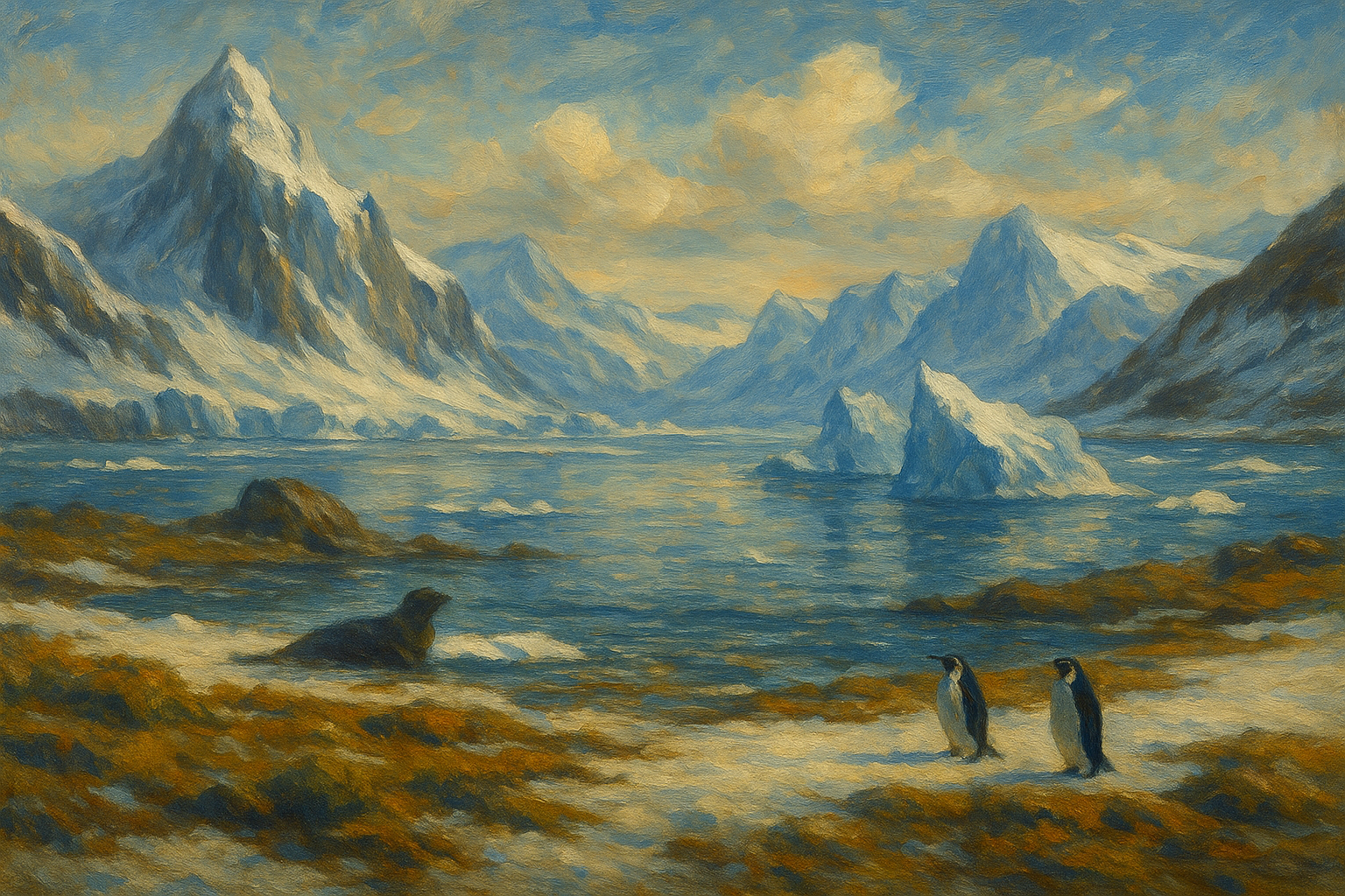 Oil painting of a cold desert landscape with snow, sparse shrubs, and distant icy mountains under a pale sky