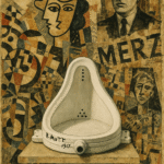 A surreal Dada-style collage featuring Marcel Duchamp’s inverted urinal sculpture “Fountain” signed “R. Mutt 1917,” surrounded by fragmented portraits, geometric shapes, and the word “DADA” in bold black letters.