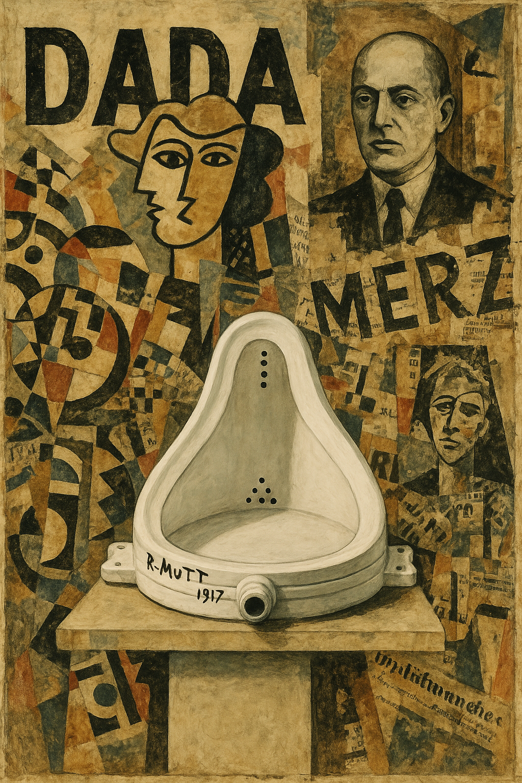A surreal Dada-style collage featuring Marcel Duchamp’s inverted urinal sculpture “Fountain” signed “R. Mutt 1917,” surrounded by fragmented portraits, geometric shapes, and the word “DADA” in bold black letters.