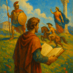 Oil painting of a poet holding a book on a grassy hill, surrounded by heroic mythological scenes including a Greek warrior, a centaur, a regal woman, and classical architecture under a vibrant blue sky.