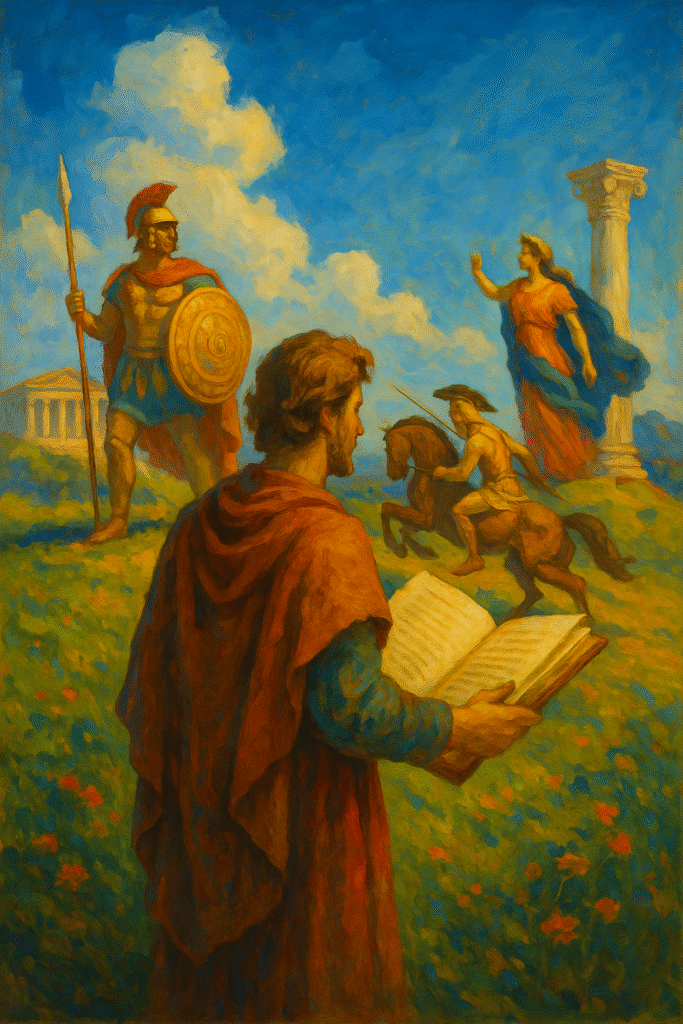 Oil painting of a poet holding a book on a grassy hill, surrounded by heroic mythological scenes including a Greek warrior, a centaur, a regal woman, and classical architecture under a vibrant blue sky.