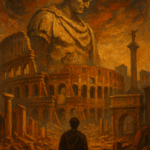 Symbolic painting of the fall of the Roman Empire featuring a crumbling Colosseum, towering statue of a Roman emperor, and a solitary figure standing amidst ruins under a dramatic sky.