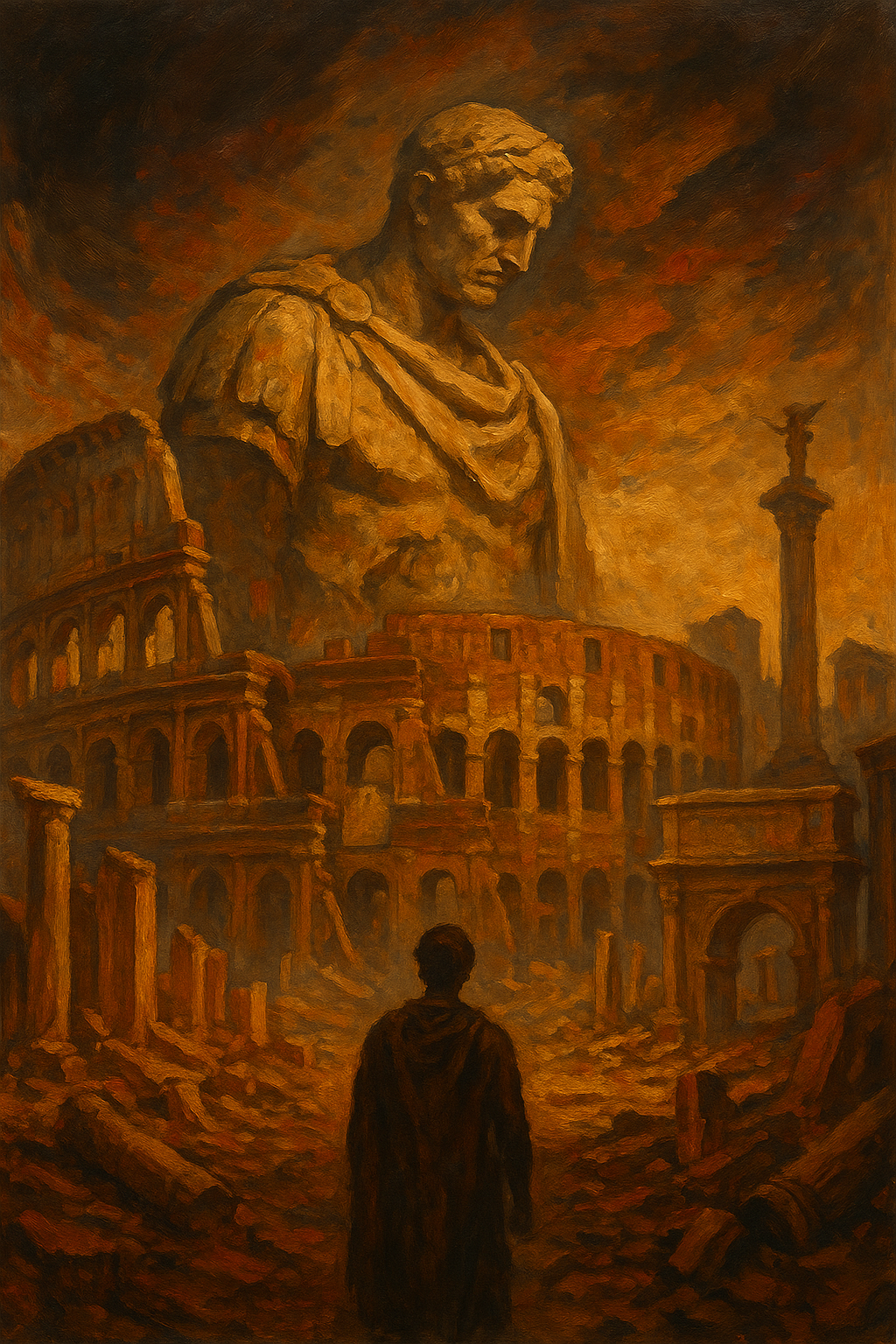 Symbolic painting of the fall of the Roman Empire featuring a crumbling Colosseum, towering statue of a Roman emperor, and a solitary figure standing amidst ruins under a dramatic sky.