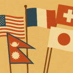 Flat-style illustration of five national flags including the USA, Nepal, France, Japan, and Switzerland, showcasing different shapes and color patterns on a beige background.