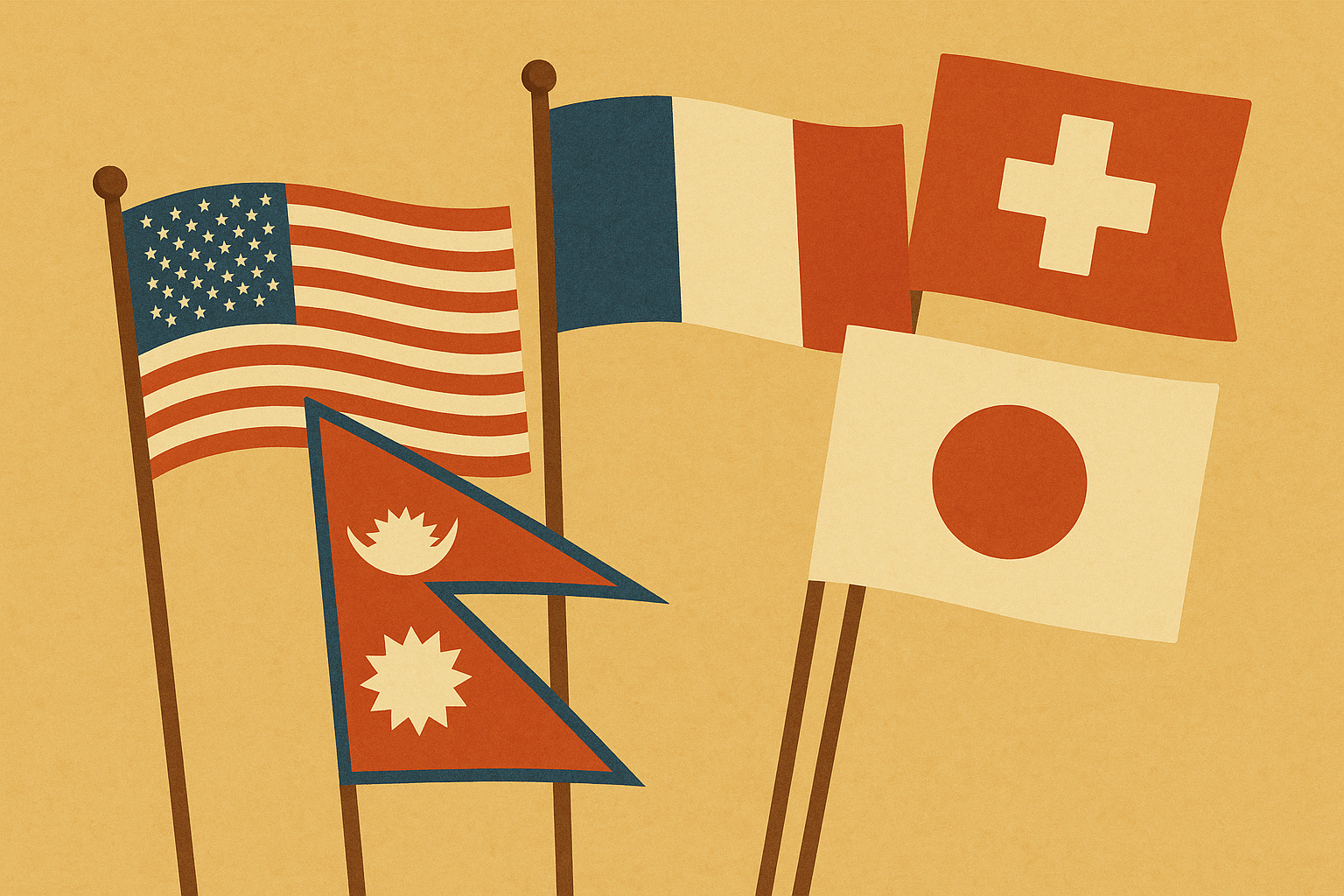 Flat-style illustration of five national flags including the USA, Nepal, France, Japan, and Switzerland, showcasing different shapes and color patterns on a beige background.