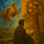 Classical oil painting of a philosopher reading a book, observing two symbolic figures—one representing free will, sprinting forward under a blue sky; the other representing determinism, standing still beside mechanical gears—illustrating the contrast between autonomy and fate.