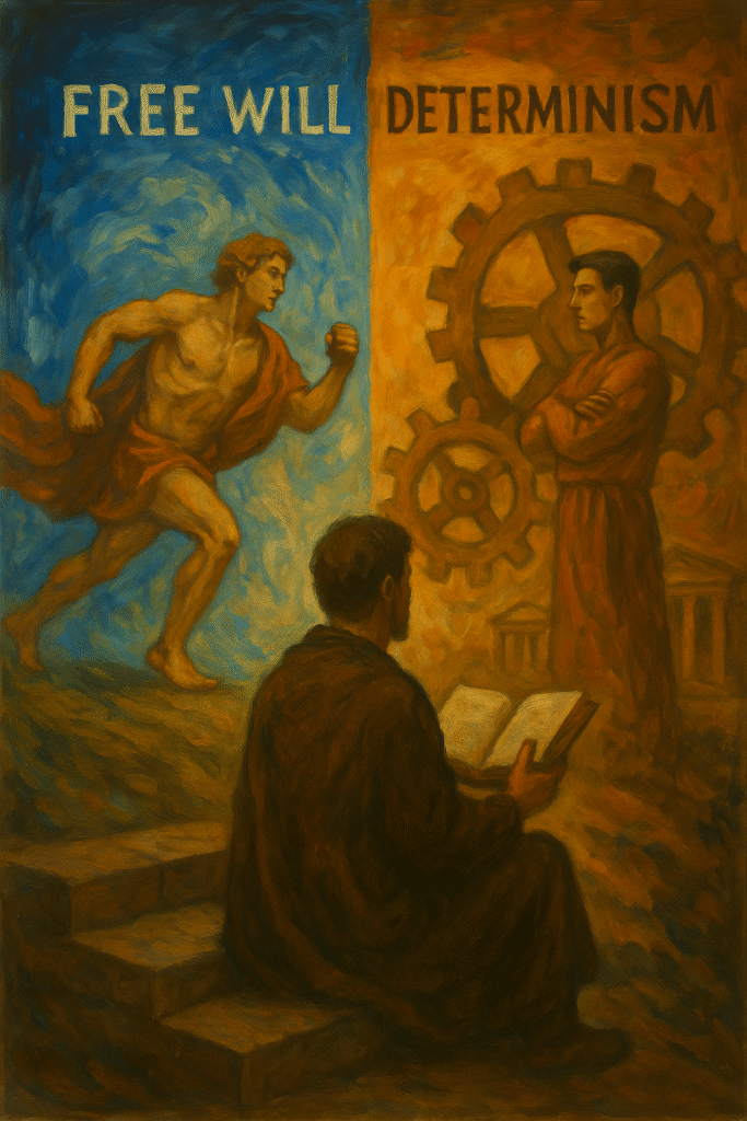 Classical oil painting of a philosopher reading a book, observing two symbolic figures—one representing free will, sprinting forward under a blue sky; the other representing determinism, standing still beside mechanical gears—illustrating the contrast between autonomy and fate.