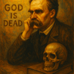 Oil painting of Friedrich Nietzsche reflecting deep thought, symbolizing existentialism and the “God is dead” philosophy
