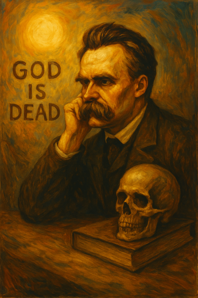 Oil painting of Friedrich Nietzsche reflecting deep thought, symbolizing existentialism and the “God is dead” philosophy