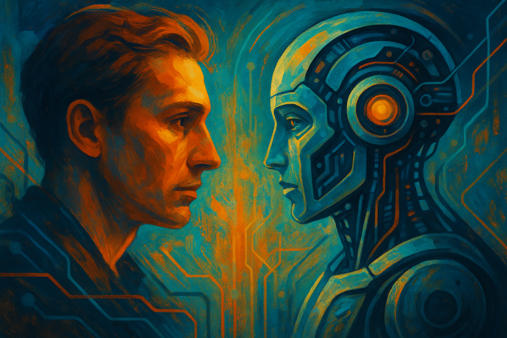 Surreal digital artwork depicting artificial intelligence with a human-like face intertwined with circuitry and abstract networks, symbolizing consciousness, logic, and the philosophical dimensions of AI.