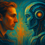 Surreal digital artwork depicting artificial intelligence with a human-like face intertwined with circuitry and abstract networks, symbolizing consciousness, logic, and the philosophical dimensions of AI.