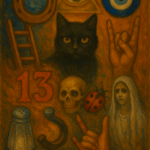 Oil painting featuring symbolic representations of superstitions: a black cat, evil eye, number 13, salt shaker, horseshoe, skull, ghostly woman, and other icons from global folklore, all set against a textured earthy background.
