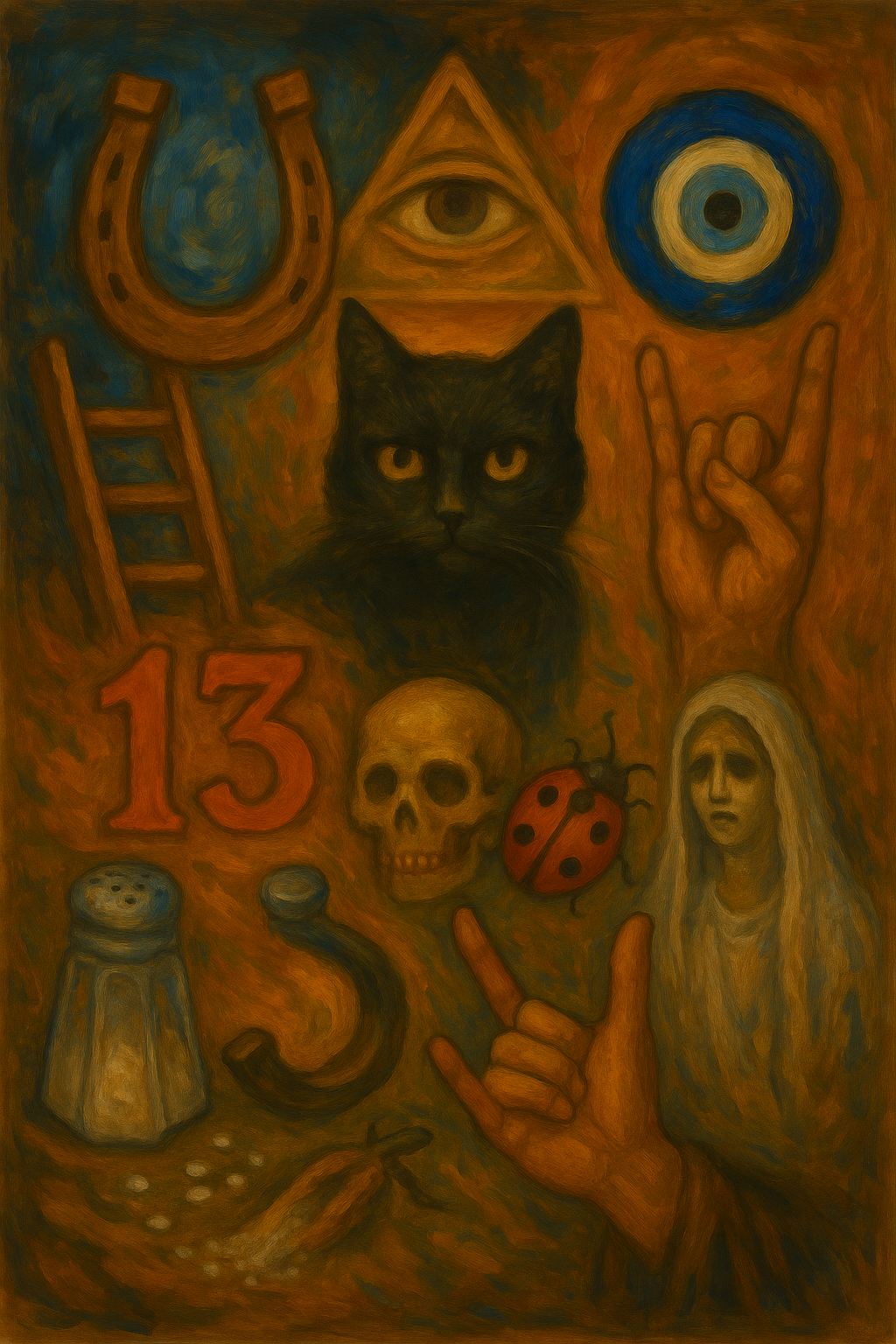 Oil painting featuring symbolic representations of superstitions: a black cat, evil eye, number 13, salt shaker, horseshoe, skull, ghostly woman, and other icons from global folklore, all set against a textured earthy background.
