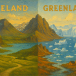 Oil painting showing a split landscape of Iceland and Greenland with contrasting natural features