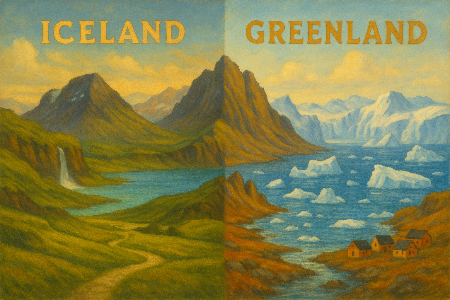 Oil painting showing a split landscape of Iceland and Greenland with contrasting natural features