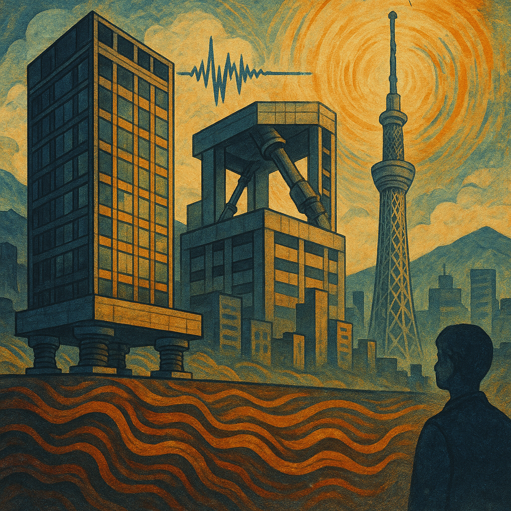 Artistic illustration of Japan’s earthquake-resistant buildings with seismic isolation, energy-dampening structures, Tokyo Skytree, and a person observing the cityscape under seismic activity.