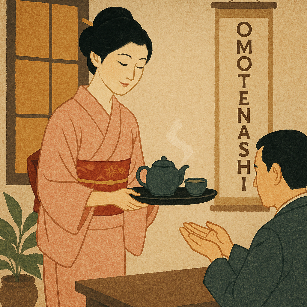 A Japanese woman in a pink kimono serves tea to a guest, embodying Omotenashi hospitality, with a scroll displaying the word “Omotenashi” in a traditional room.