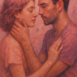 Traditional oil painting of two people emotionally connected in a soft pink dreamlike setting