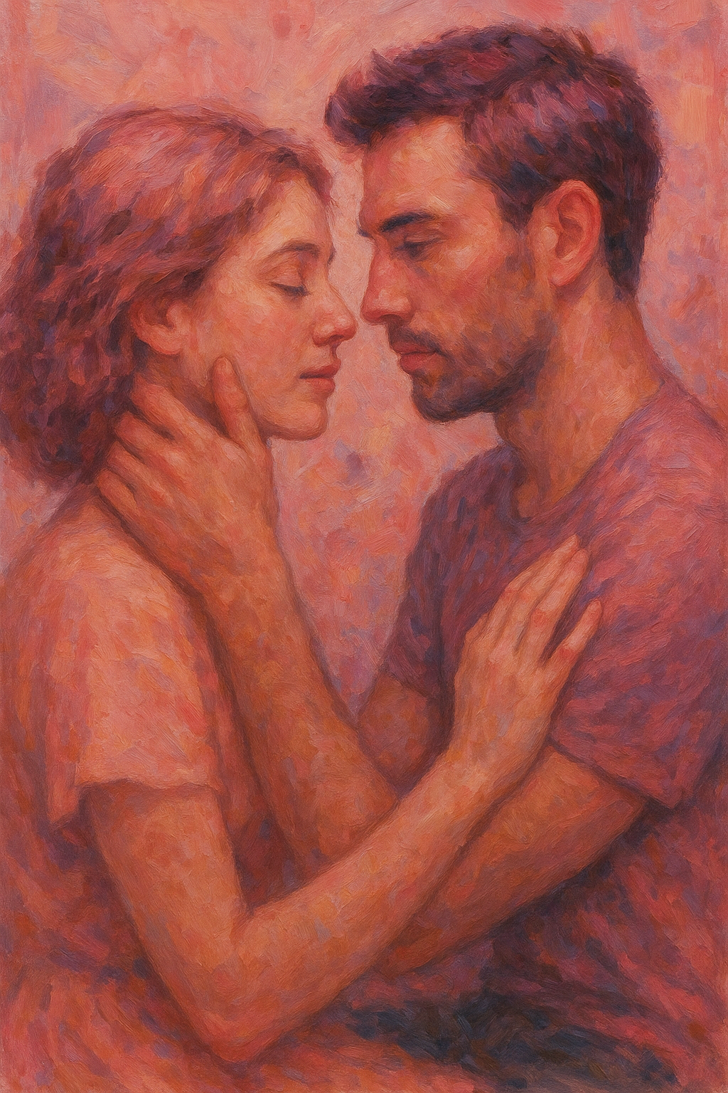 Traditional oil painting of two people emotionally connected in a soft pink dreamlike setting