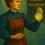 Traditional painted portrait of Marie Curie surrounded by scientific symbols and rich tones of blue, green, yellow, brown, and red, symbolizing her legacy in chemistry and physics.