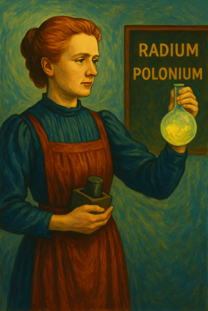 Traditional painted portrait of Marie Curie surrounded by scientific symbols and rich tones of blue, green, yellow, brown, and red, symbolizing her legacy in chemistry and physics.