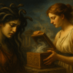 A classical oil painting of Medusa with serpent hair looking down solemnly, beside Pandora opening a carved box emitting mist, set against ancient Greek architectural ruins.