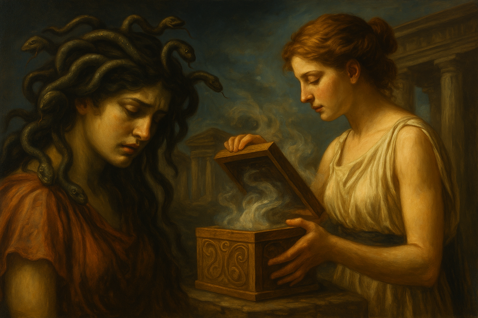 A classical oil painting of Medusa with serpent hair looking down solemnly, beside Pandora opening a carved box emitting mist, set against ancient Greek architectural ruins.
