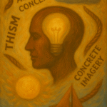 An oil painting showing the abstract concept of metaphor through surreal visuals and symbolic connections, illustrating the transformative power of language.