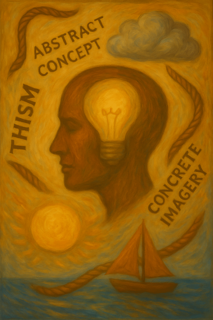 An oil painting showing the abstract concept of metaphor through surreal visuals and symbolic connections, illustrating the transformative power of language.