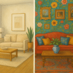 Horizontal painting illustrating the contrast between minimalist and maximalist interior design styles, featuring simple clean spaces on one side and colorful, eclectic decor on the other.