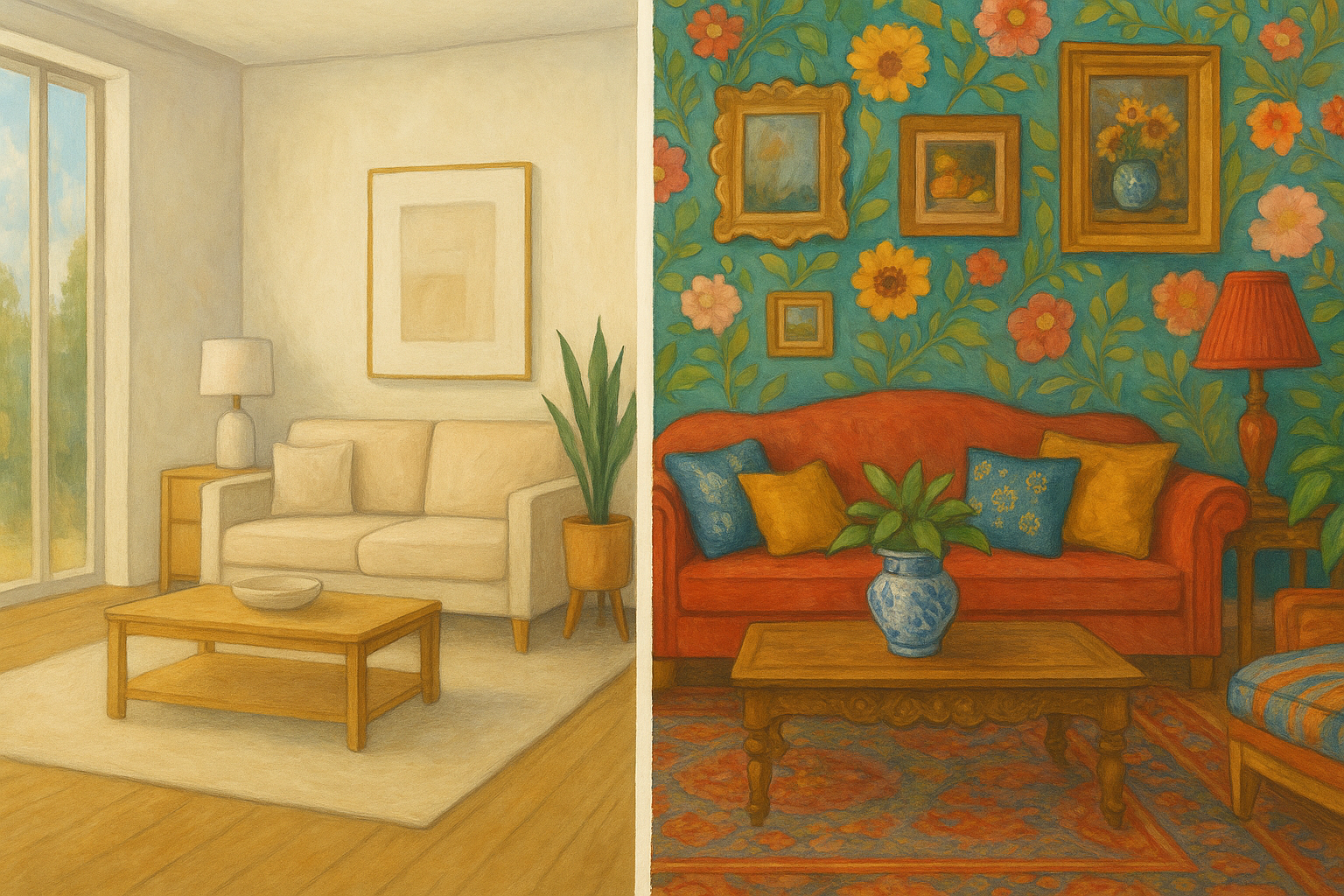 Horizontal painting illustrating the contrast between minimalist and maximalist interior design styles, featuring simple clean spaces on one side and colorful, eclectic decor on the other.