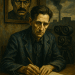 Oil painting of a pale middle-aged man resembling George Orwell, surrounded by dark screens and surveillance cameras
