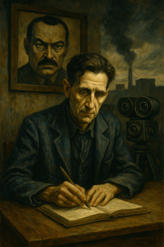 Oil painting of a pale middle-aged man resembling George Orwell, surrounded by dark screens and surveillance cameras