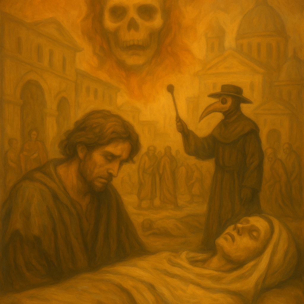 Oil painting depicting the impact of plagues throughout history, showing masked doctors, historical architecture, and symbolic figures representing pandemics like the Black Death and COVID-19.