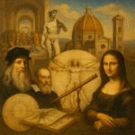 A classical oil painting showing Renaissance icons: Leonardo da Vinci, Galileo Galilei, the Mona Lisa, Michelangelo’s David, the Vitruvian Man, Florence Cathedral, Raphael’s School of Athens, and early scientific instruments.